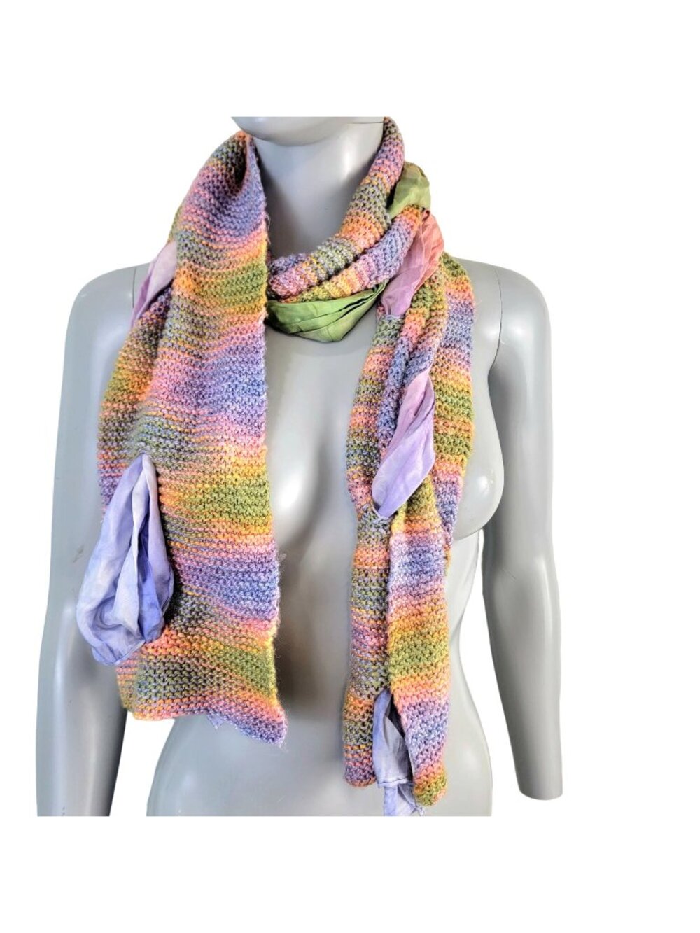 Colorful Scarf Women Winter Accessories Handmade Mixed Fabric Crochet Knit Pink